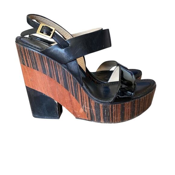 Jimmy Choo Black Leather Brown Wooden Heel Wedge Slingback Sandals size 40 9.5 - Picture 2 of 9